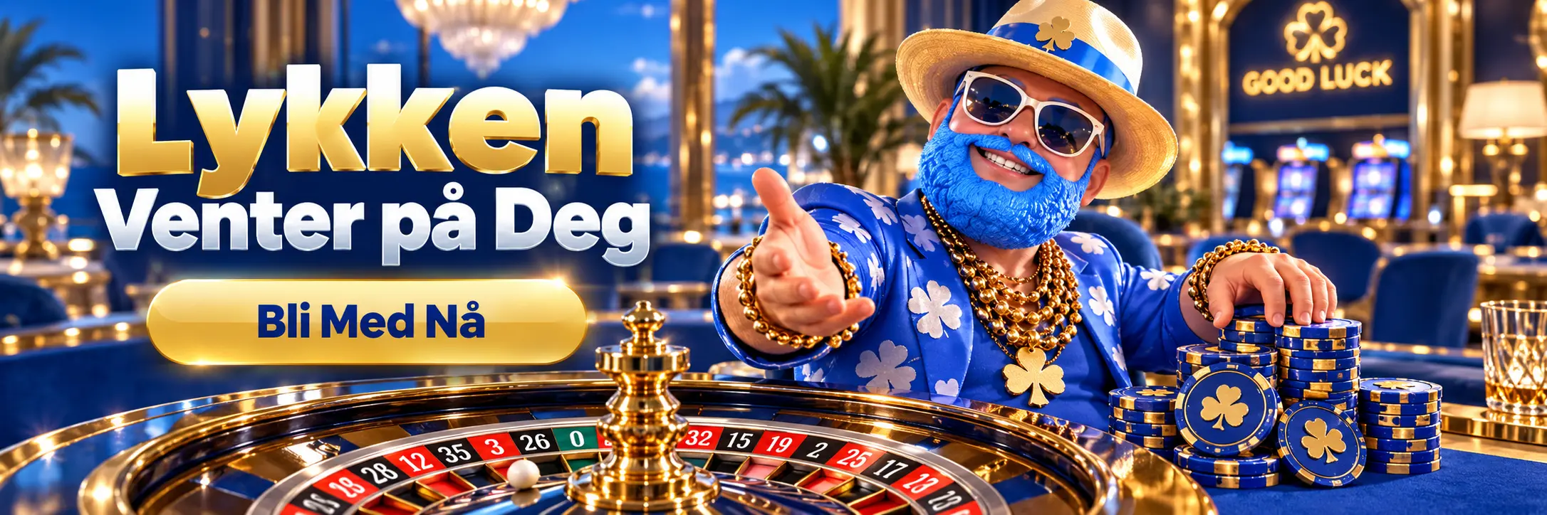 Lukki Casino banner med Mr. Lukki ved rulettbord og teksten Lykken venter pÄ deg, bli med nÄ