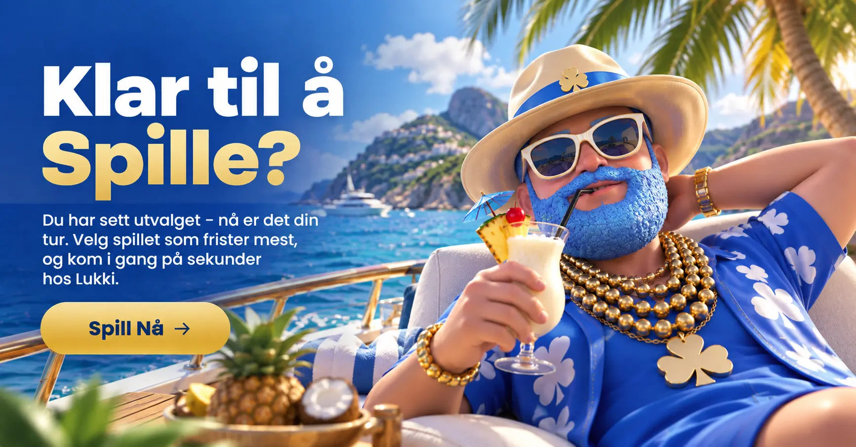 Lukki Casino banner med Mr. Lukki pÄ yacht og teksten Klar til Ä spille, velg spillet som frister mest og kom i gang pÄ sekunder hos Lukki
