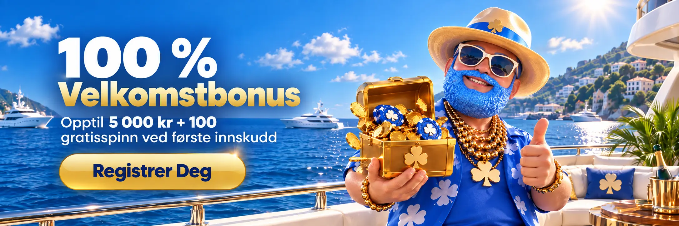 Lukki Casino velkomstbanner med Mr. Lukki pÄ yacht med gullkiste og teksten 100% velkomstbonus opptil 5000 kr pluss 100 gratisspinn ved fÞrste innskudd